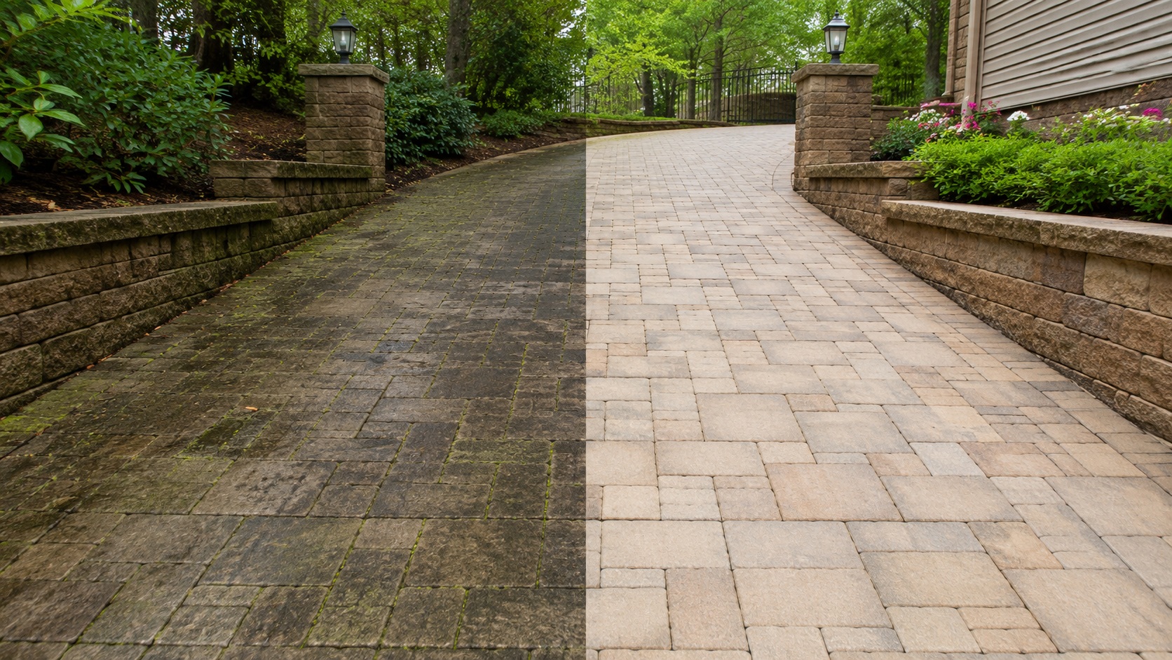 Split before-and-after view of the same block-paved driveway, with dark moss and dirt on the left and clean pale paving on the right
